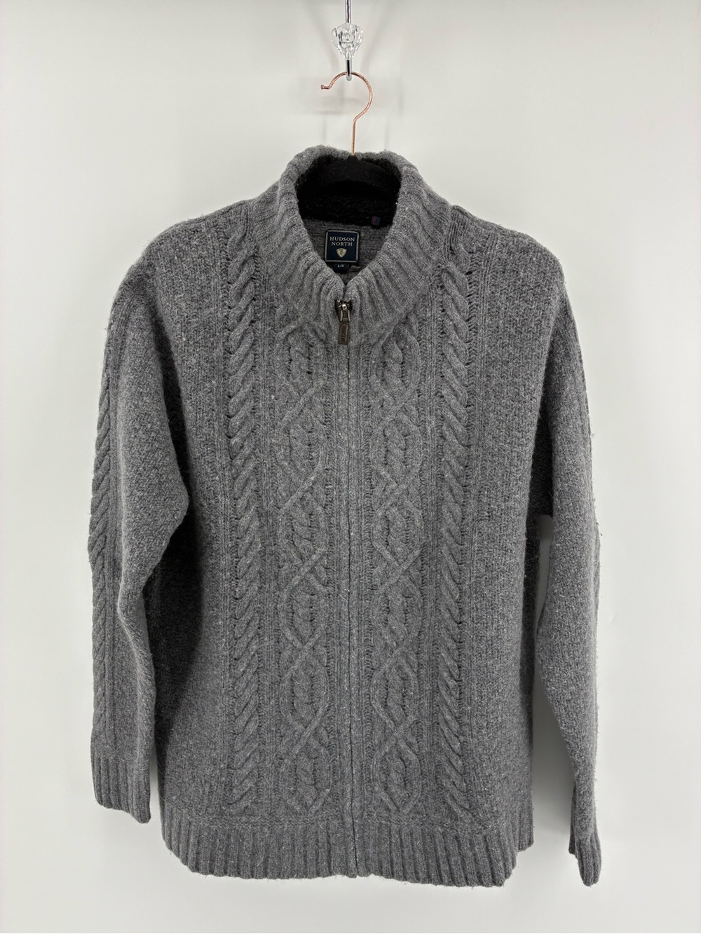 Hudson North Cableknit Full Zip 80% Lambswool Blend Gray Sweater